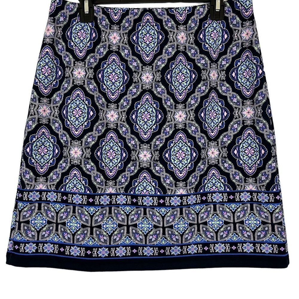 Talbots Petite Womens Navy Lavender Stretch Knit Pull On Knee Length Skirt sz L